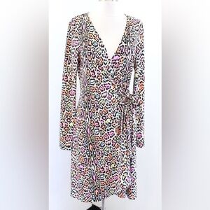 BCBG Max Azria Adele Colorful Leopard Print Long Sleeve Jersey Wrap Dress Size M